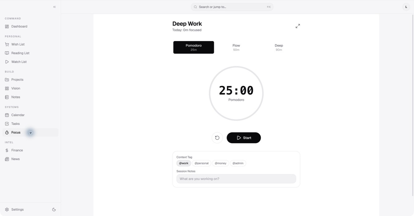 Base Focus screen showing the sidebar, Pomodoro, Flow and Deep modes, a 25-minute timer, context tags and session notes.